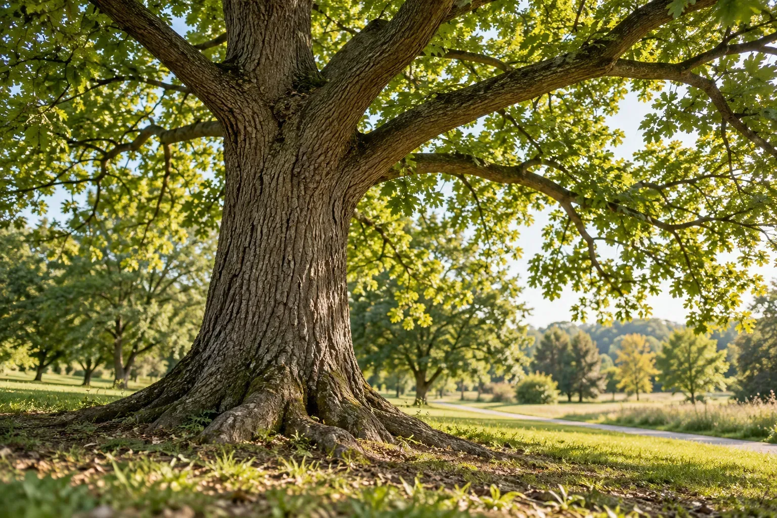 The trunk, root flare, and branches of a mature tree beside a park path.