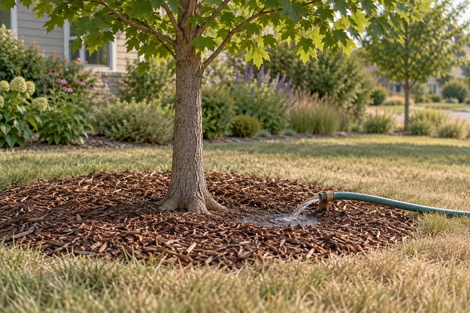 A garden hose watering the mulched root area around a young tree.